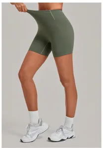 Pantaloncini yoga vita alta donna, shorts sportivi fitness verde oliva tinta unita.