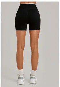 Contrast trim naked feeling yoga shorts detail view, featuring comfortable elastic fabric.