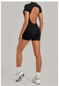 Women's black open back short sleeve yoga romper slim fit fitness jumpsuit sports activewear