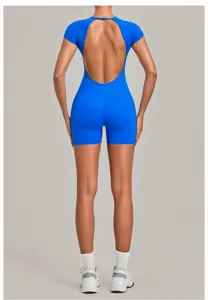 Femme combinaison fitness yoga dos nu short slim vêtements de sport vue arrière