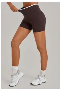 High-waist contrast trim yoga shorts detail, stretchy comfortable fitness activewear pants.