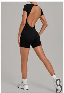 Combinaison de yoga noire dos nu pour femme, short de sport fitness moulant une pièce