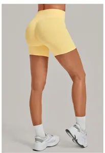 Pantaloncini yoga push-up a vita alta in giallo chiaro, vista di dettaglio per fitness.