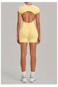 Women yellow backless yoga set short sleeve activewear fitness workout two piece outfit
