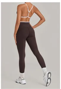Women contrast piping yoga set sports bra high waist leggings gym fitness running activewear