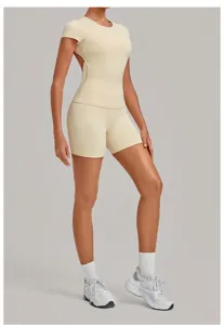Women open back short sleeve yoga set athletic fitness activewear matching two piece outfit