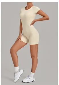 Femme Manches Courtes Slim Fit Yoga Combinaison Sport Fitness Short Romper Beige Gym