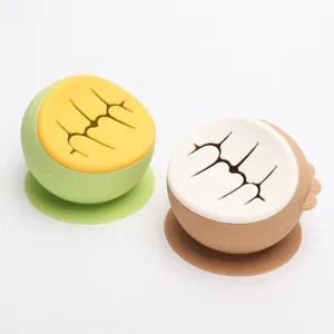 Silicone baby snack bowl detail, soft suction cup design, drop-proof and safe feeding tool.