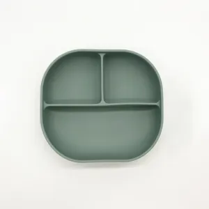 Silicone baby suction plate variant in green, toddler divided dinner tableware for feeding.