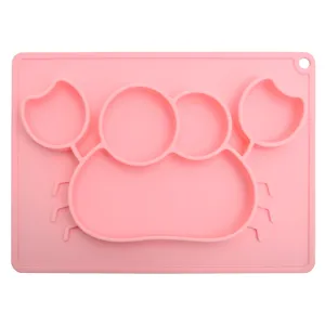 Cute pink silicone baby suction plate with cartoon design for toddler feeding mealtime use.
