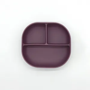 Silicone baby suction plate with three divided compartments for toddlers, safe feeding dinnerware.