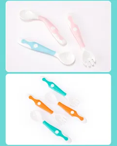 Dettaglio del set cucchiaio e forchetta per bambini flessibile, posate per neonati.