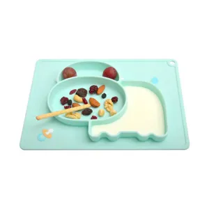 Piatto pappa bambino in silicone scomparti tovaglietta alimentazione design elefante.