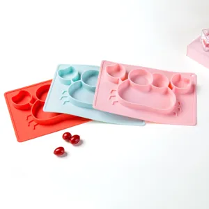 Cute crab silicone suction plate for kids, baby feeding mat with divided toddler dinnerware