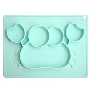 Cute crab silicone baby suction plate and placemat set, non-toxic infant feeding dinnerware.