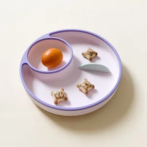 Silicone baby divided plate detail, minimalist round partition design, safe infant tableware.