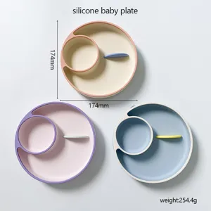 Silicone baby plate detail view, showing divided compartments, dimensions and weight clearly.