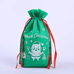 Grüne Vlies Weihnachtstüte mit Kordelzug und Weihnachtsmann Motiv für süsse Geschenke.