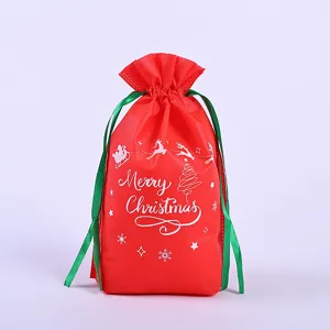 Weihnachten Vliesstoff Geschenkbeutel mit grünem Kordelzug, rote festliche Bonbontüte.