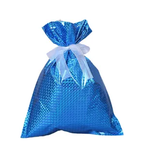 Blauer holografischer Weihnachtsgeschenkbeutel mit weißem Schleifenband für Festgeschenke