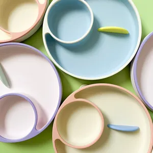 Baby silicone divided plate cute infant suction dinnerware set anti-drop toddler feeding food tray
