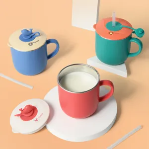 Children stainless steel milk cup with straw and cute cartoon lid for kids daily drinking.
