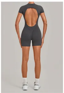 Back view of dark grey open-back short sleeve fitness yoga jumpsuit for women workout romper.