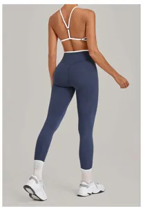 Detailed back view of a contrast-piping yoga set with adjustable straps and high-waisted leggings.