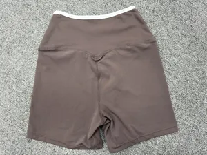 Brown contrast trim yoga shorts, high waist fitness sportswear detail view design.