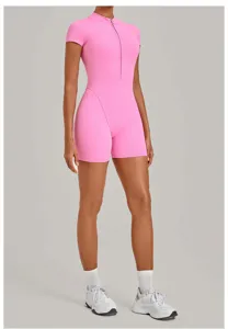 Pink zip-up short sleeve one-piece yoga romper fitness activewear bodysuit for women workout