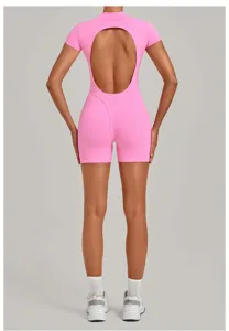 Pink backless yoga romper short sleeve fitness jumpsuit activewear tight gym jumpsuit