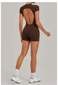 Women open back fitness yoga jumpsuit short activewear dark brown bodysuit athletic wear