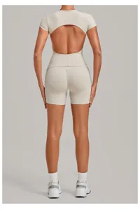 Beige backless short sleeve yoga set two-piece workout fitness activewear for women