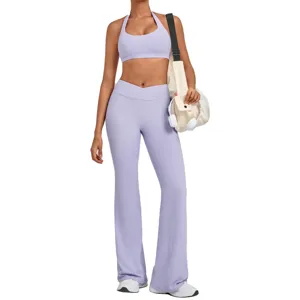 Neckholder Rückenfrei Yoga Top Und Hohe Taille Schlaghose Nylon Elasthan Schnelltrocknend Atmungsaktiv Slim Fit Sportbekleidung Für Damen