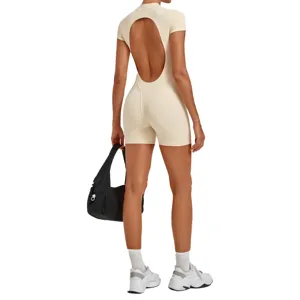 Women Backless Yoga Bodysuit Half Zipper Fitness Jumpsuit Slim Fit Athletic Romper Solid Color Sportswear Set