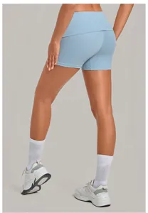 Detail view of women's quick-drying folded waist yoga shorts for fitness and running.