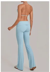 Light blue halter crop top and fold-over flare yoga pants fitness workout set for women detail