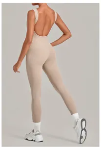 Backless yoga jumpsuit for women, nude fitness bodysuit, seamless activewear for gym running.