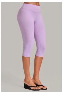 Close-up details of women high waist tummy control lilac capri yoga fitness running leggings
