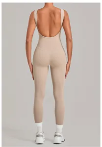 Detailed back view of the brushed yoga onesie, showcasing deep backless design and fit.