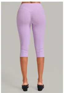 Light purple capri yoga pants for women, high waist tummy control, back V-shape lifting design.