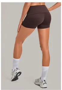 Fold-over high waist yoga shorts for women, tight fitness running sports shorts back view.