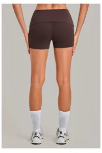 Women's high waist fold-over fitness yoga shorts back view, quick-dry sports activewear.