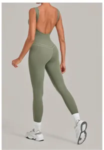 Olive green backless yoga jumpsuit for women, sleeveless tight fitness gym activewear.