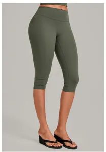 High waisted capri yoga pants for women, olive green stretchy workout leggings for fitness running.