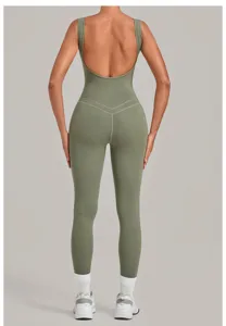 Backless brushed yoga jumpsuit for women, sleeveless tight fitness activewear detail view.