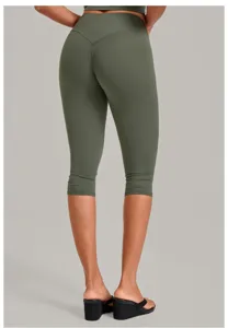 Olive green high waist yoga capris back detail, fitness leggings for women active wear style