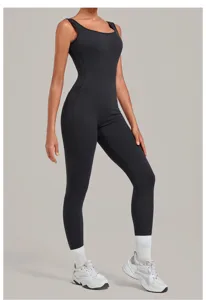 Women's black sleeveless fitness yoga jumpsuit for running, tight activewear for gym workouts.