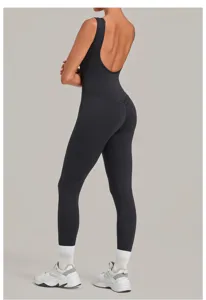 Back view detail of women's black athletic jumpsuit, breathable fitness bodysuit for workout gym.