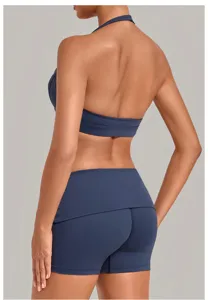 Backless halter yoga bra and shorts set, dark blue activewear for fitness and running.